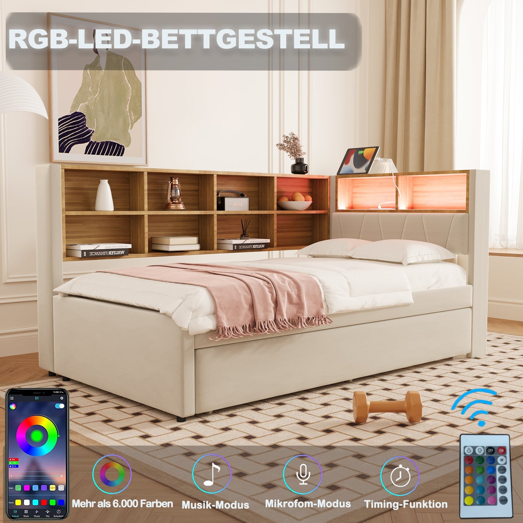 Sofa Bed with Pull-Out Bed, USB Socket, Storage, Upholstered, Beige