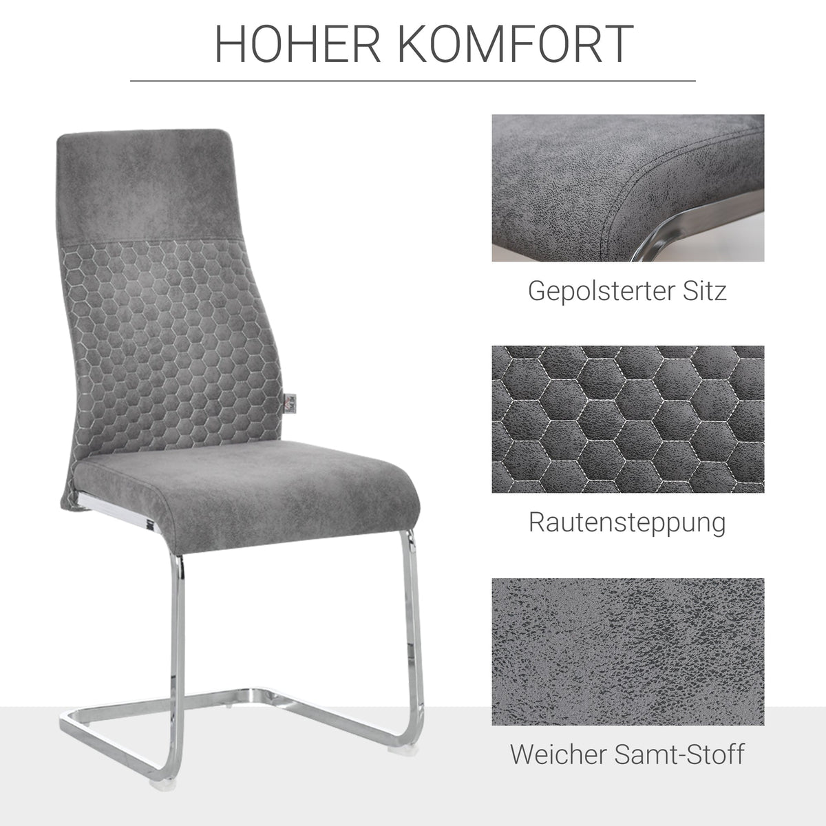Dining Chairs, Set of 4 Kitchen Chairs with Backrest, Velvet-Touch Grey