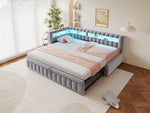 Upholstered Extendable Sofa Bed with LED Lighting, USB Port and Striped Pattern, 90x200cm, Light Grey Velvet