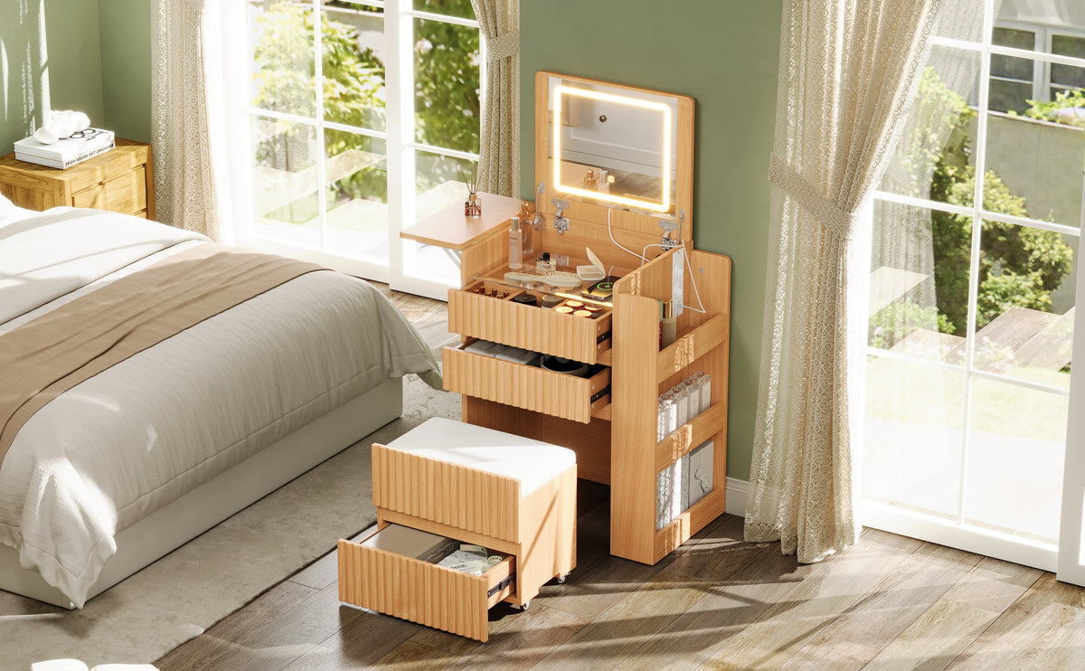 Small Vanity Table Set with LED Mirror & Power Outlets