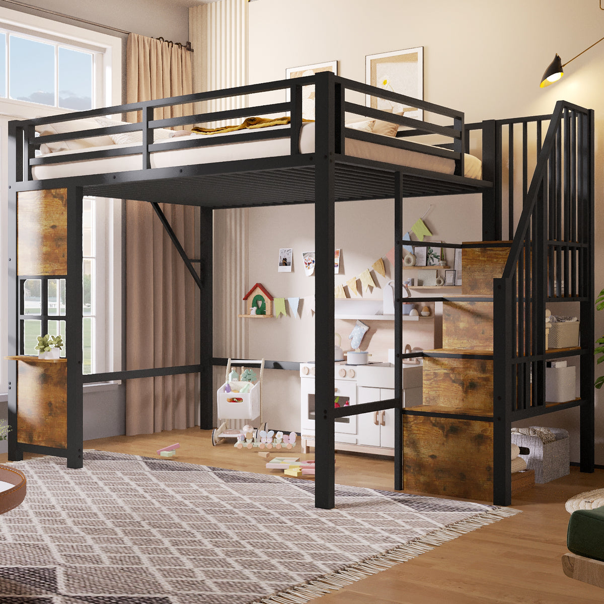 Loft Bed 140x200 cm with Storage Ladder, Black Iron Frame