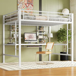 Loft Bed with Desk and Bookshelves, 140x200 cm Metal Frame, White