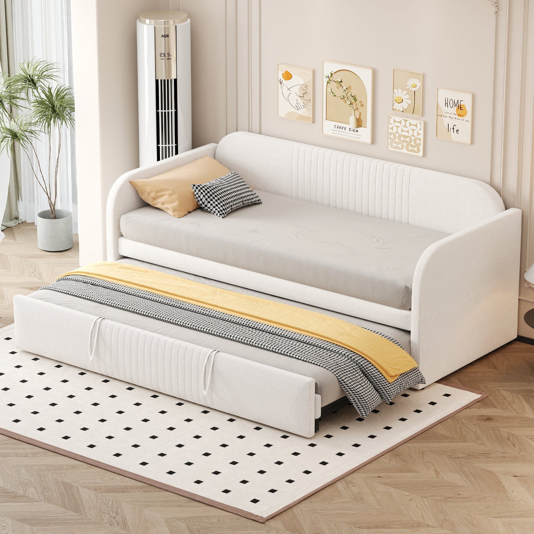 Upholstered Bed Pull-Out Sofa Bed, 90/180*190cm Multifunctional with Slatted Frame, Beige Linen