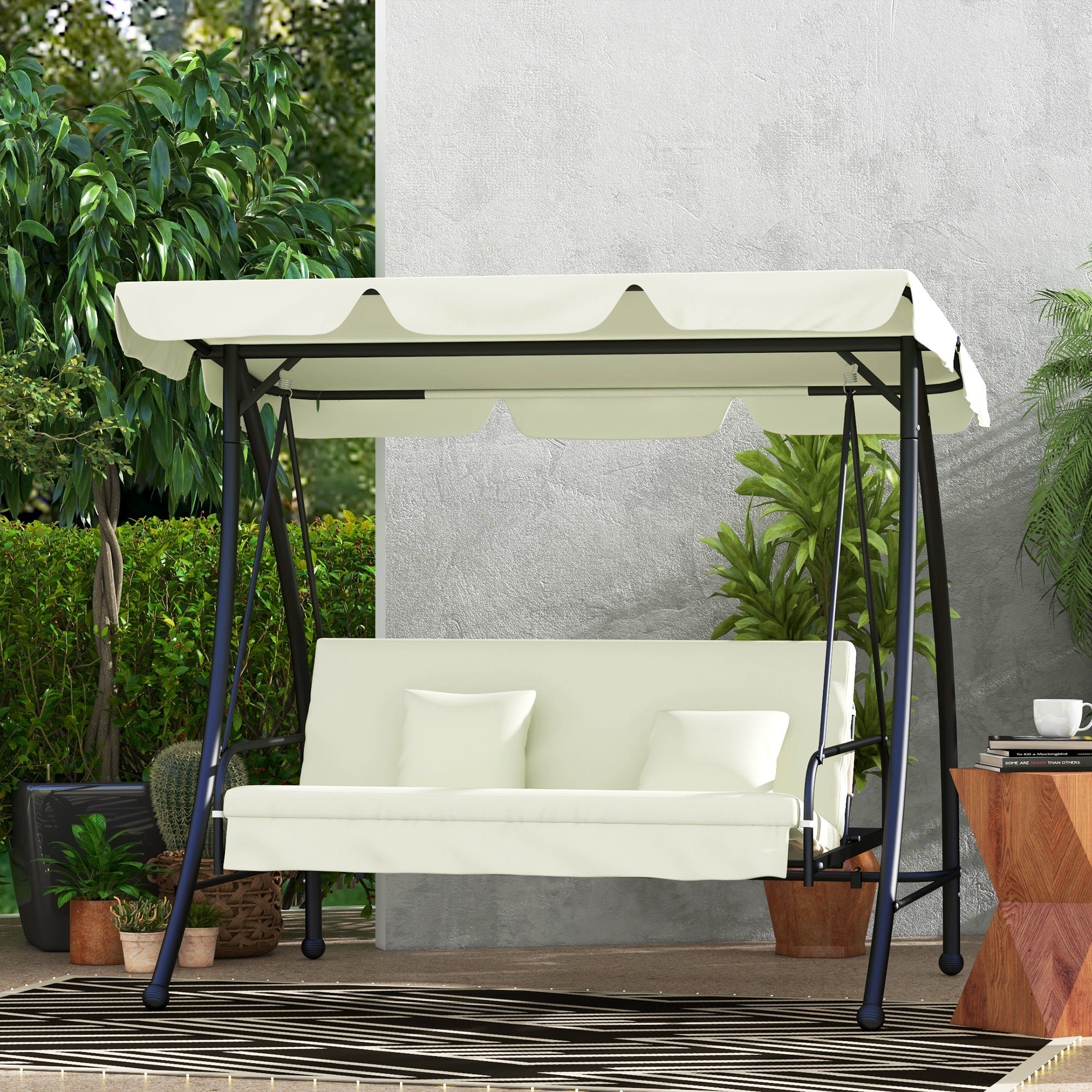 Outsuuny 2-in-1 Hollywood Swing Reclining 3-Seater Garden Lounger, Cream White