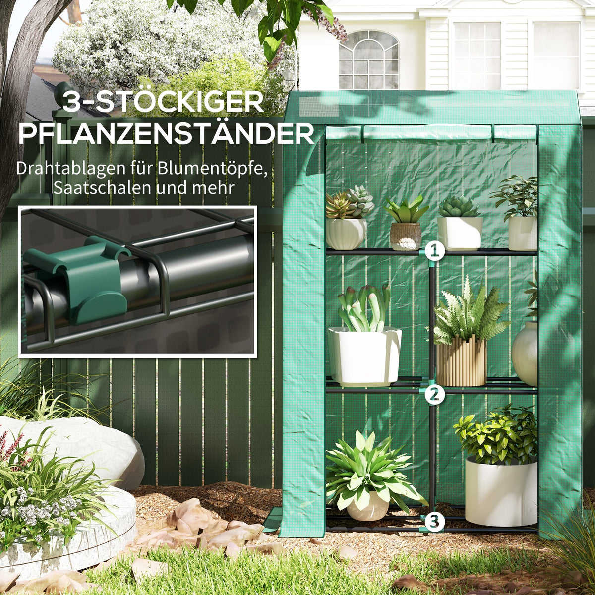 Greenhouse with shelves and roller door, winter-proof film, steel, green