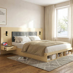 Double Bed with Storage, USB Charging Station, Reading Lamp and 2 Bedside Tables, 160x200cm, Light Oak Wood