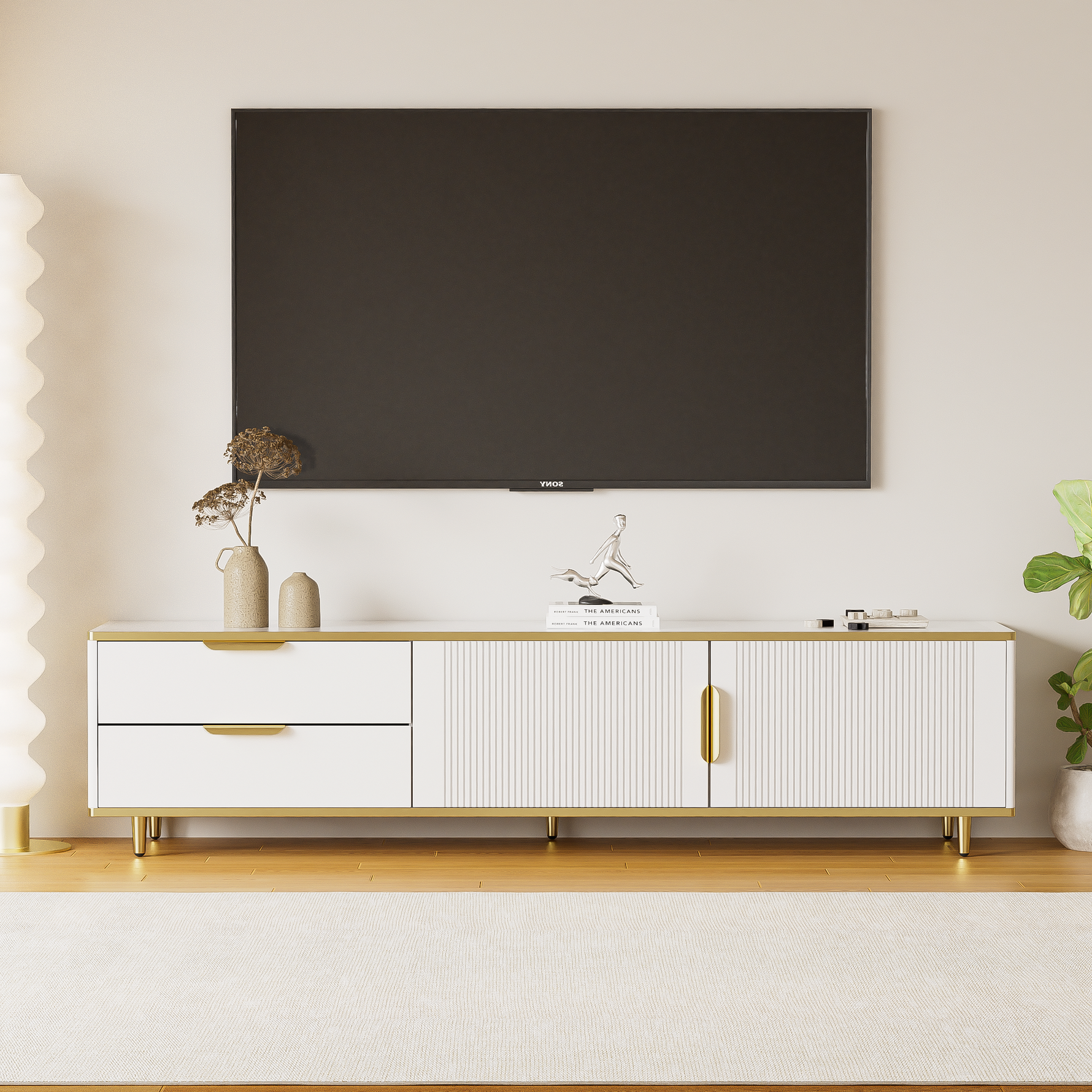 TV Cabinet, Carved Texture with Golden Handles & Feet, Marble