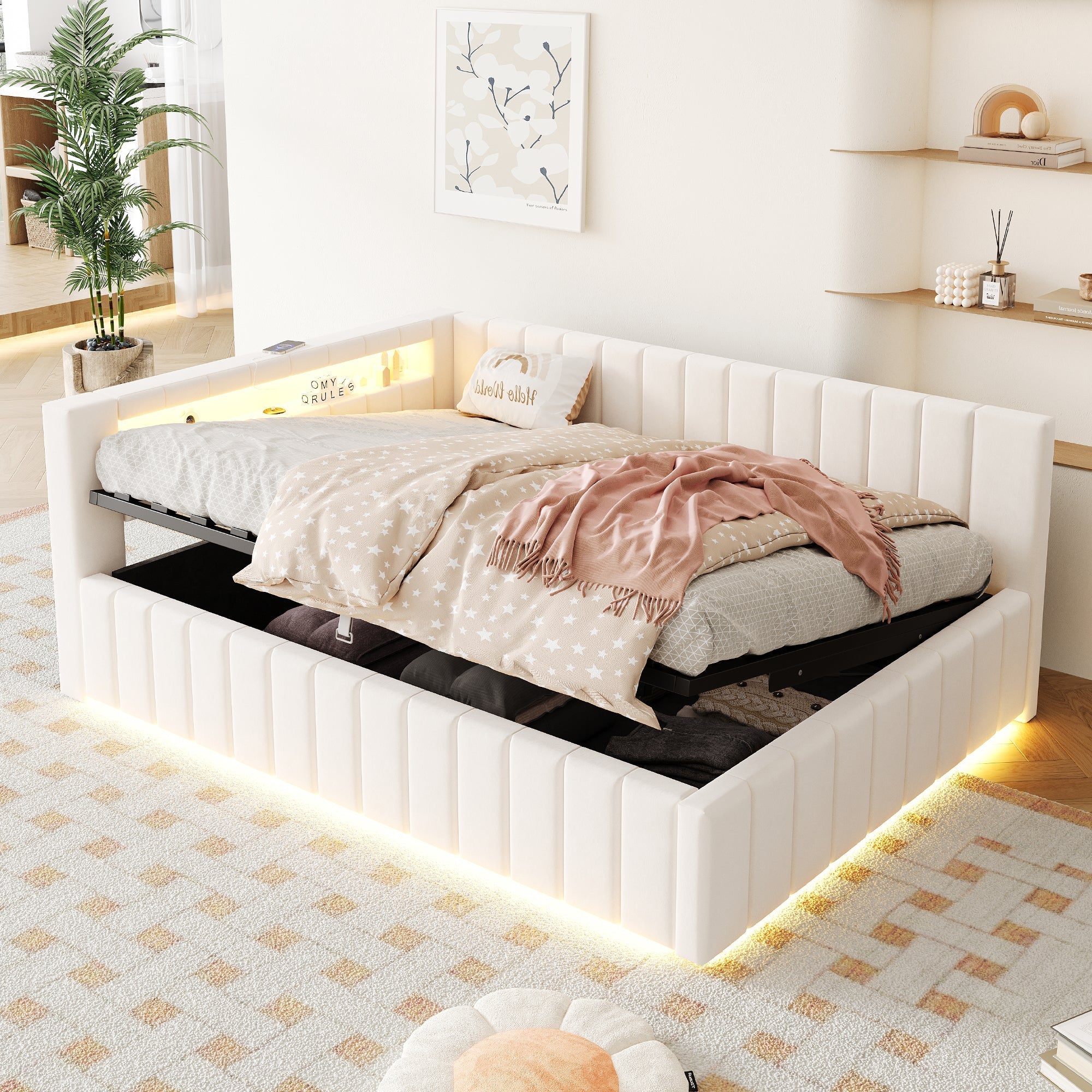 Upholstered Sofa Bed 140x200 Hydraulic Storage LED USB Port, Beige Velvet