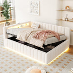 Upholstered Sofa Bed 140x200 Hydraulic Storage LED USB Port, Beige Velvet