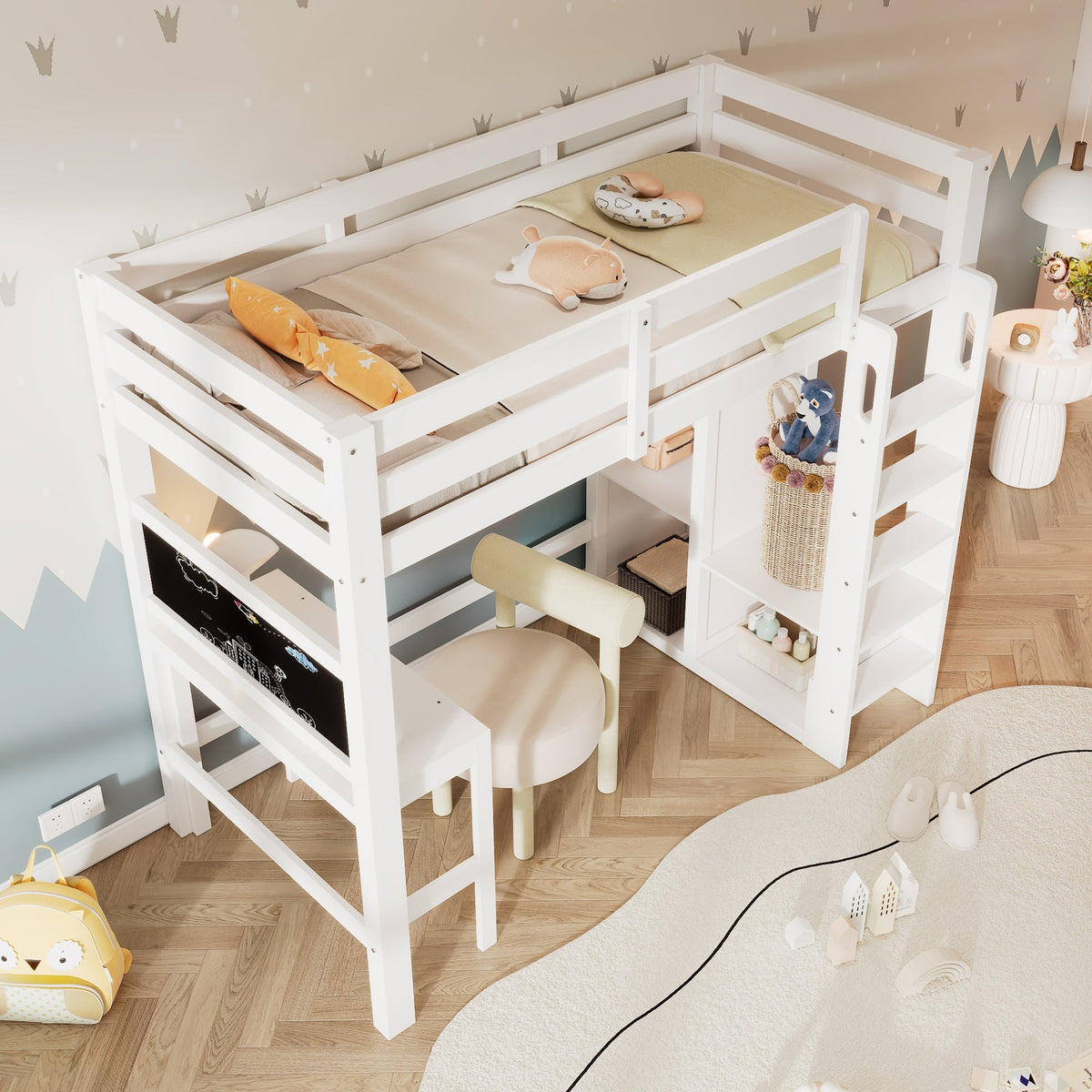 Children's Bunk Bed with Desk, Wardrobe and Shelves, 90x200cm, White