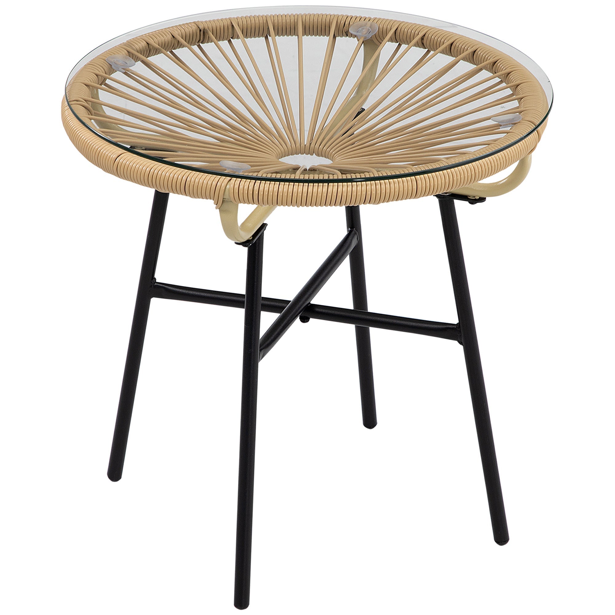 Bistro Table, Round Garden Side Table 50cm, Rattan Black+Beige