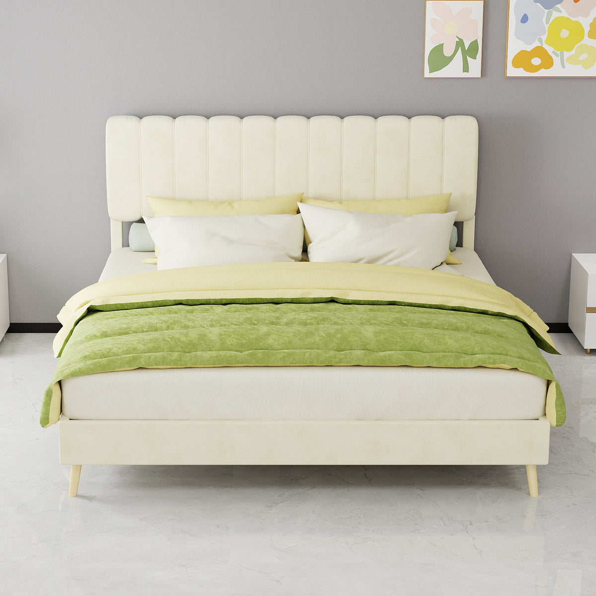 Upholstered Bed 160x200cm with Soft Headboard & Mattress, Beige