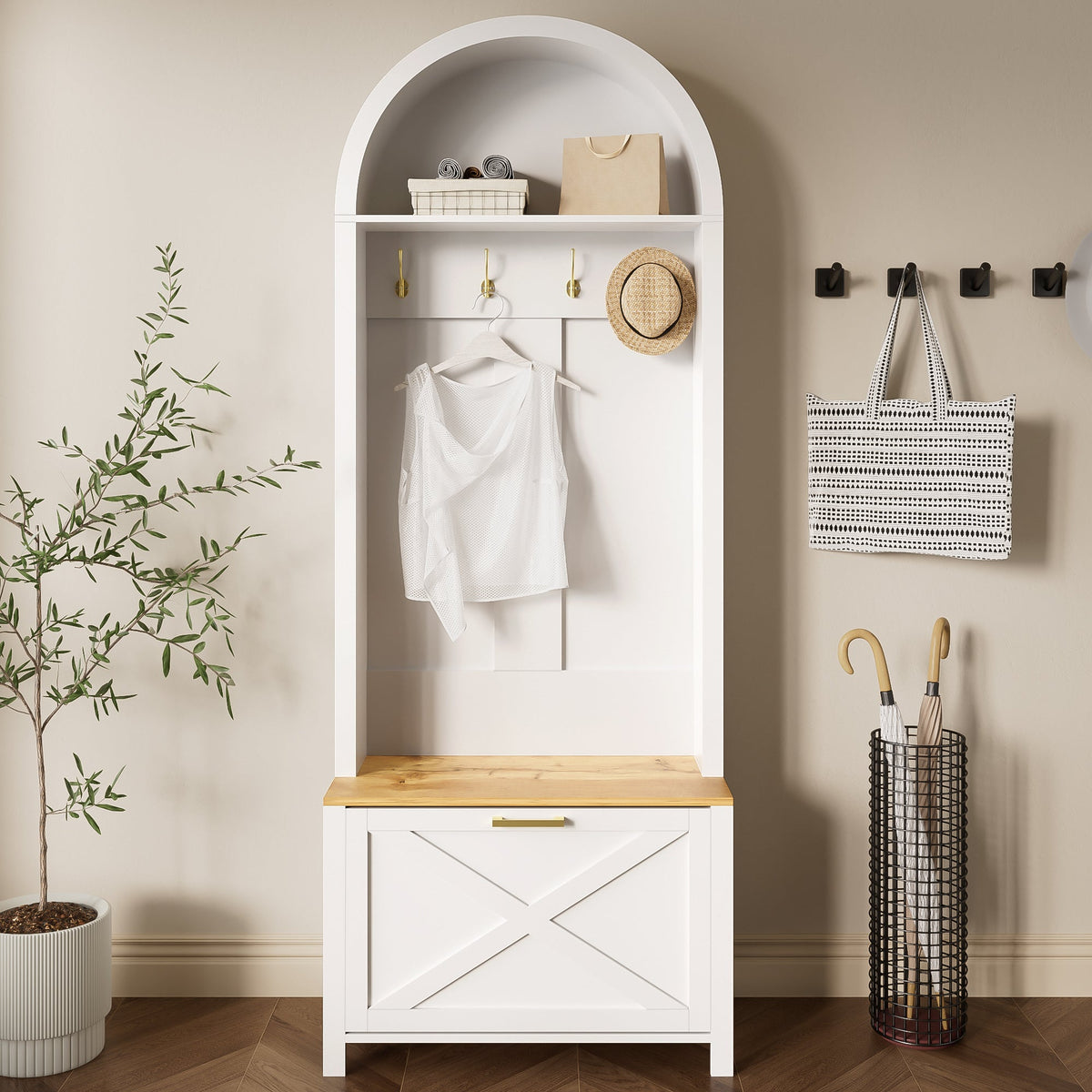 Multifunctional Wardrobe Hall Tree with Shoe Rack, Shelf & Hooks, MDF