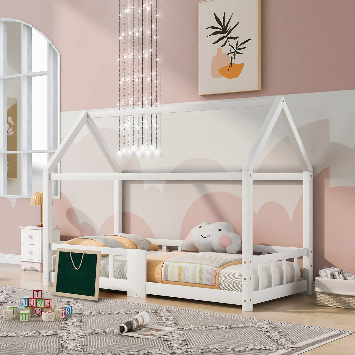 Children's House Bed 90 x 200 cm, with Blackboard & Slatted Frame, White Pinewood