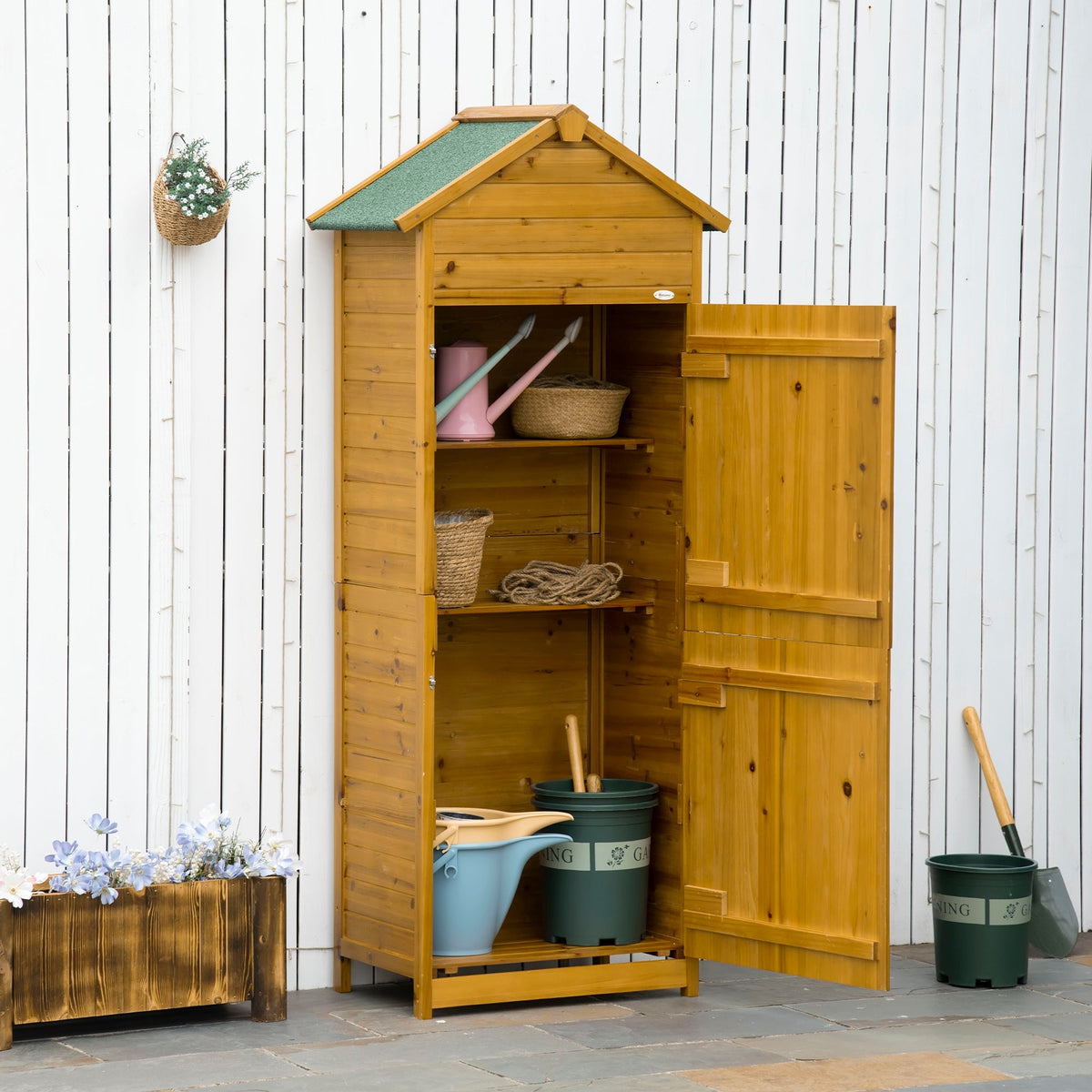 Garden Shed/Cabinet, Weatherproof 2 Doors 2 Shelves 79x49x191.5cm, Natural Wood
