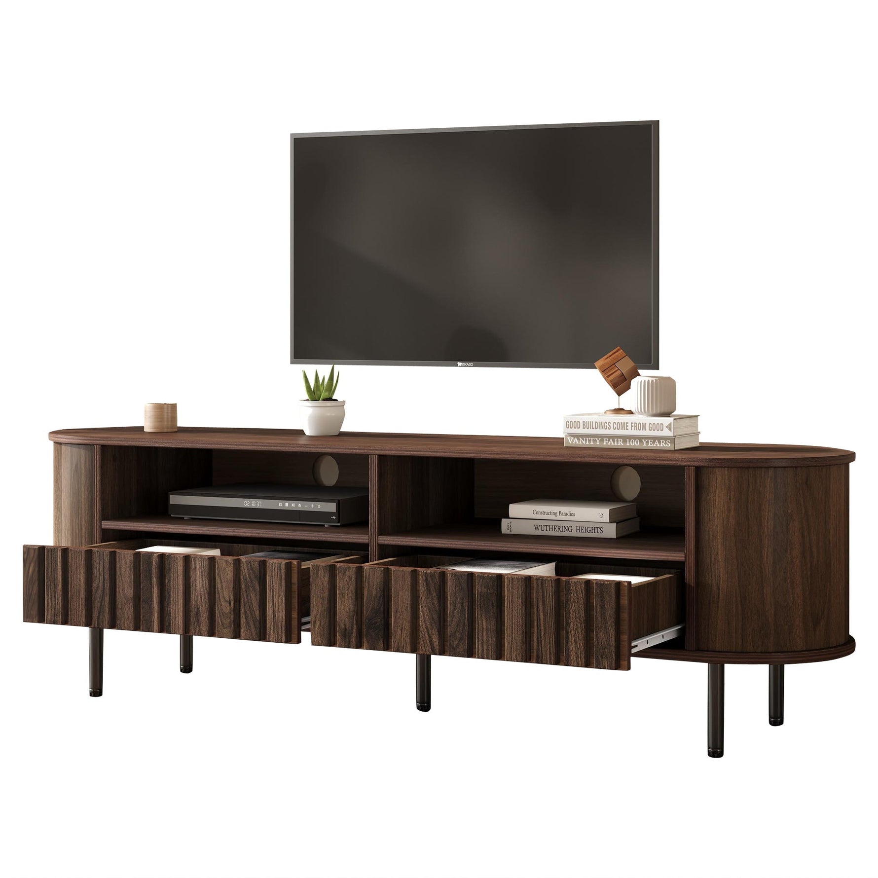 TV Cabinet Lowboard 160cm 2 Cabinets 2 Drawers for 65-inch TV Walnut