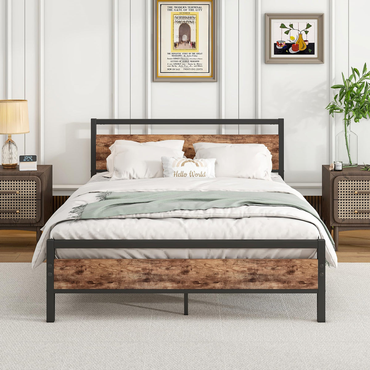 Bed Frame 140x200 cm with Slatted Base & Storage, Metal & Wood