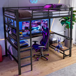 Loft Bed with Desk, Shelves, USB Sockets and LED Strip, Black Iron Frame