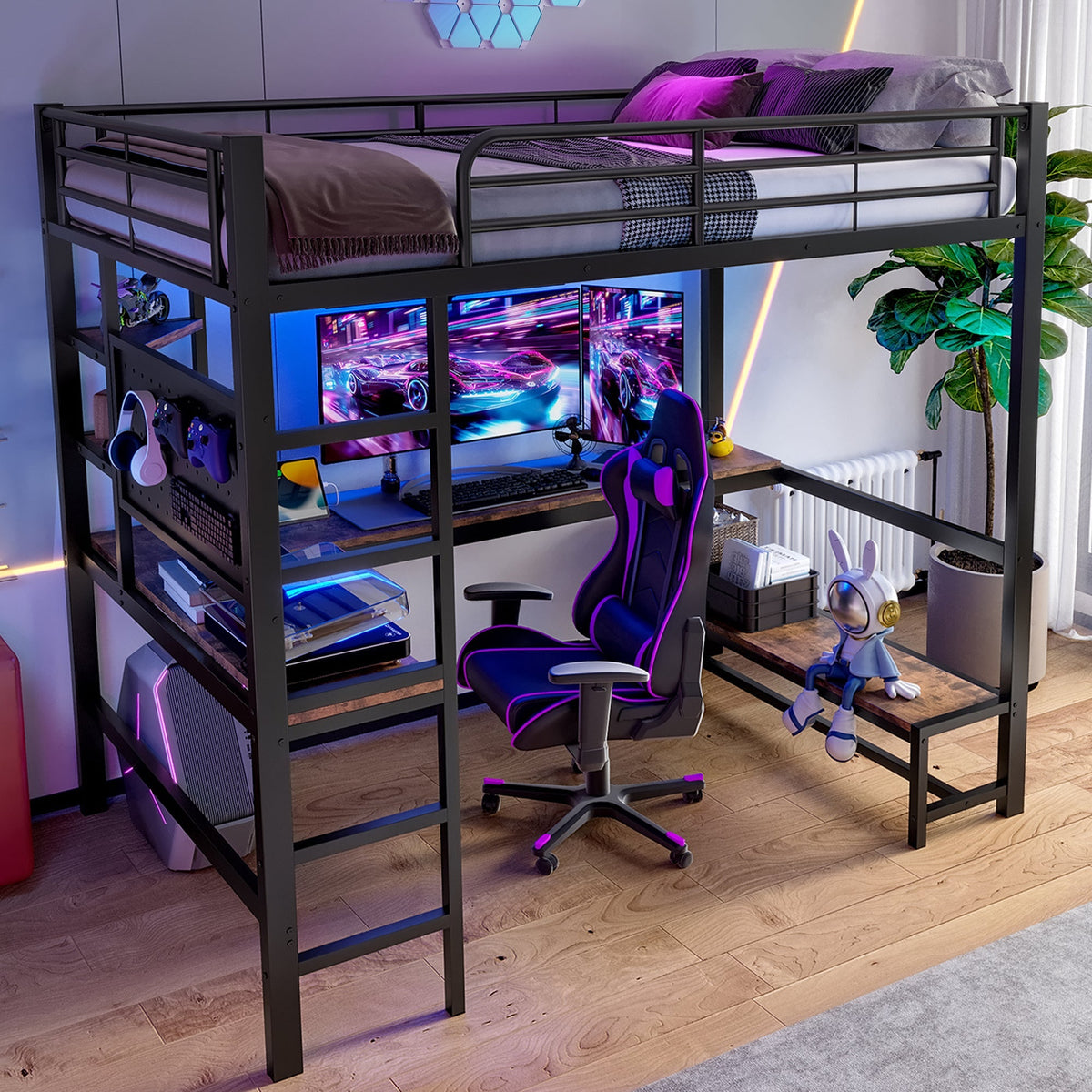 Loft Bed with Desk, Shelves, USB Sockets and LED Strip, Black Iron Frame