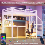 Metal Loft Bed 90x200cm with Light Strip Charging Socket Storage Ladder Wardrobe Desk White
