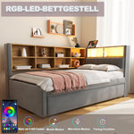 Sofa Bed 90x200 Pull-Out LED/Storage Upholstered Flannel Dark Grey