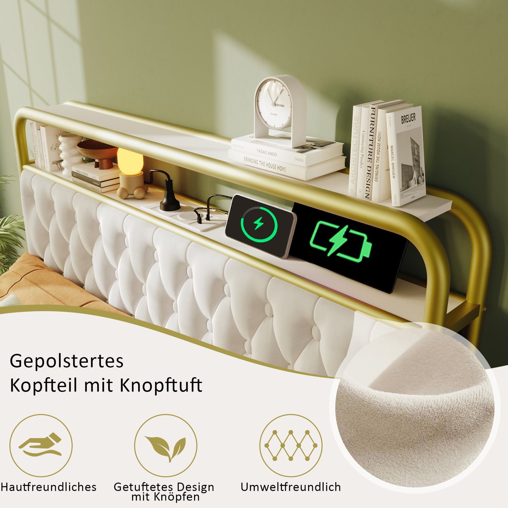 Upholstered Double Bed, USB-C Charging, APP-Control LED, 4 Drawers, Velvet