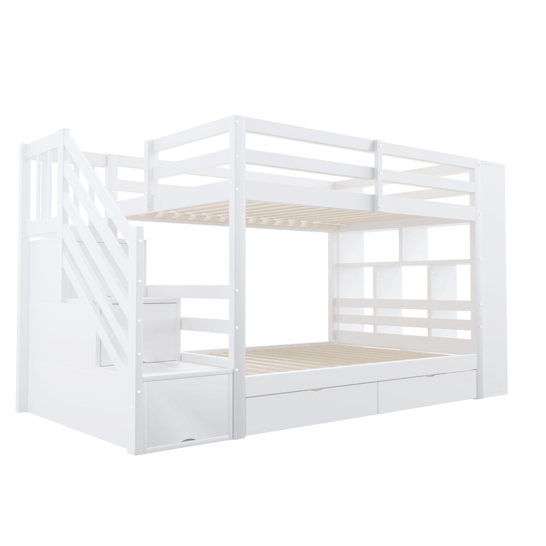 Bunk Bed with Storage Stairs and Drawers, 90x200cm, Pine Wood, White and Grey