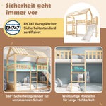 Children's Bunk Bed with Gable Roof, Shelf and 35cm Slide, 90x200cm, White and Natural Wood