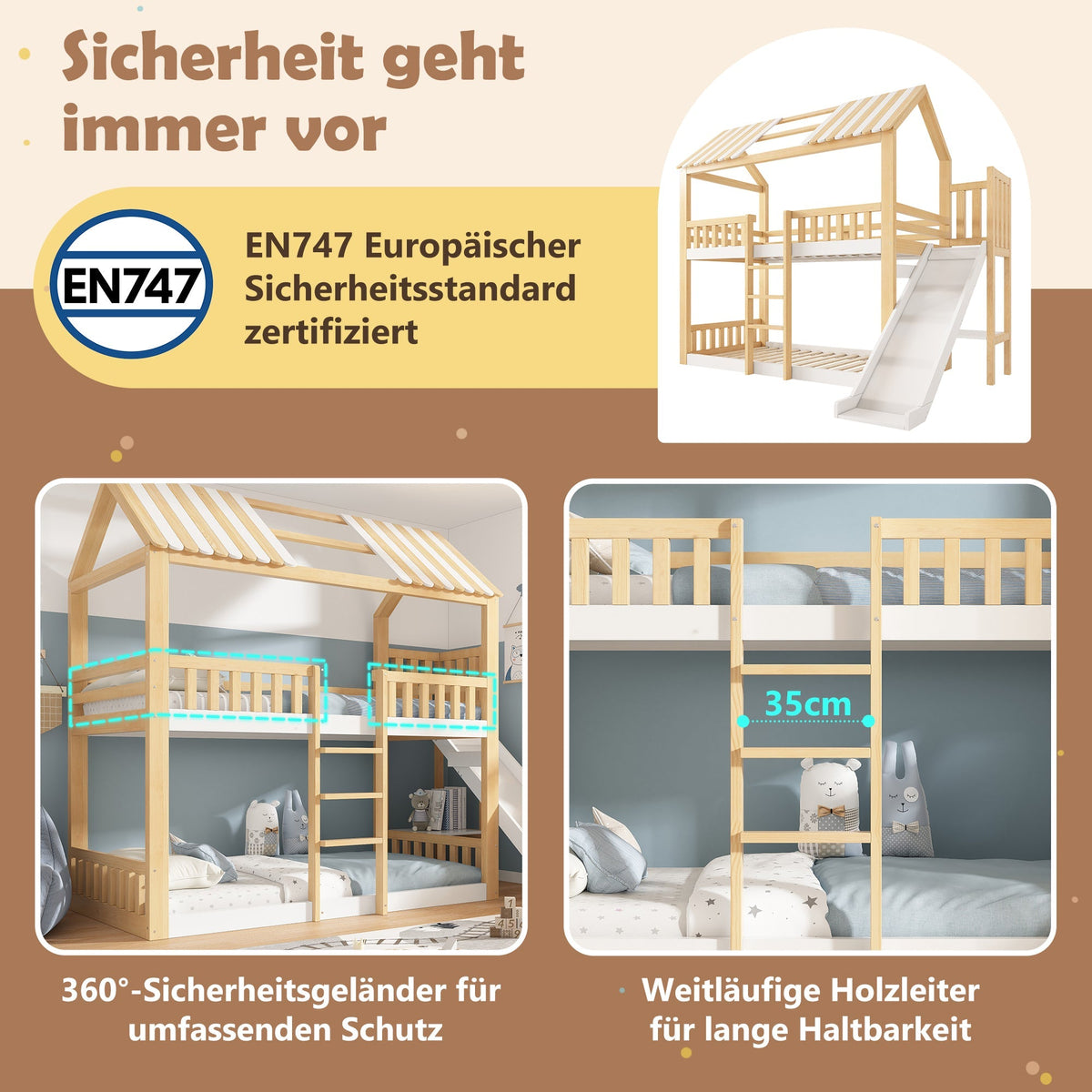 Children's Bunk Bed with Gable Roof, Shelf and 35cm Slide, 90x200cm, White and Natural Wood