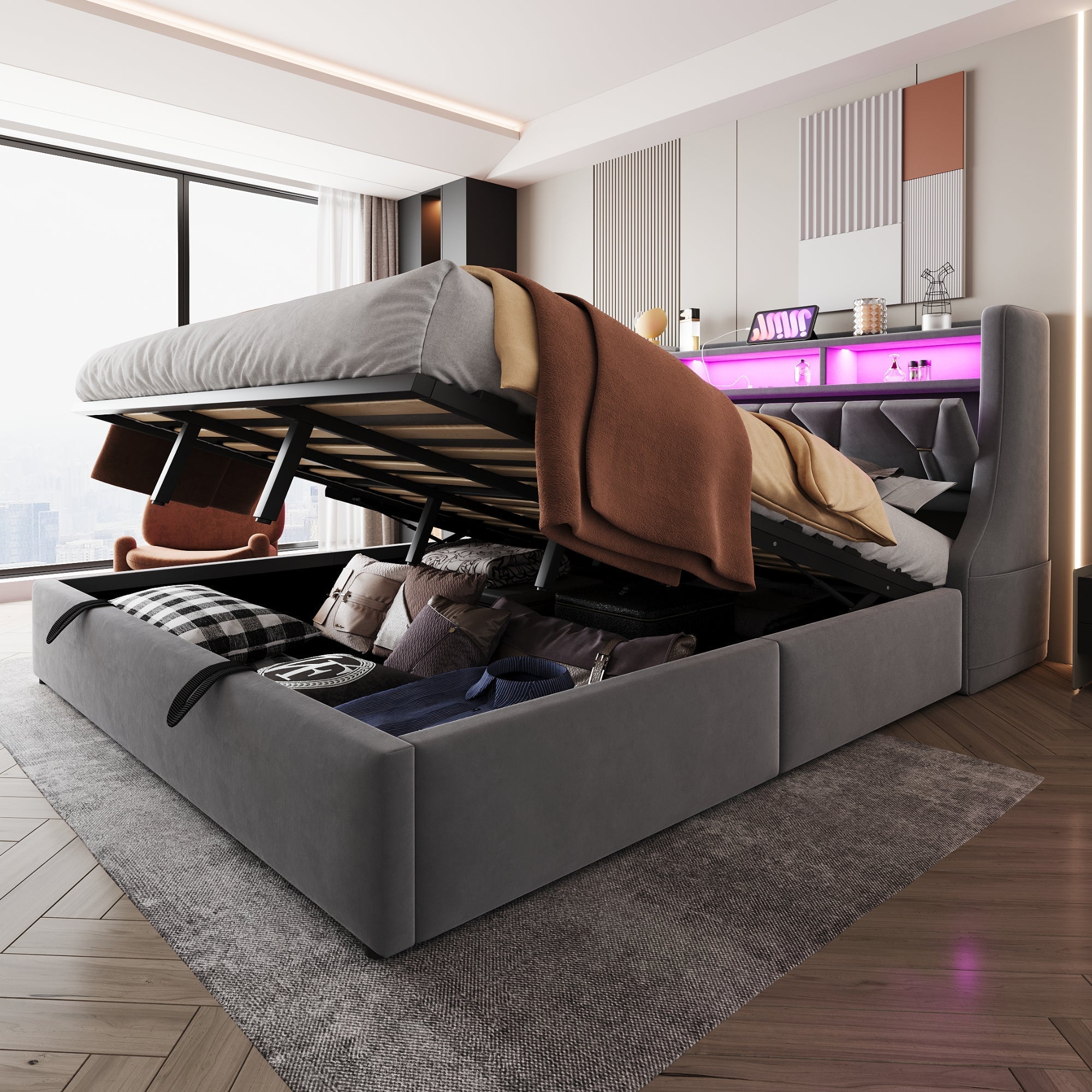 Upholstered Bed 180 x 200 cm with Hydraulic Storage and LED Lighting, Grey Velvet