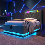 Upholstered Single Bed, 360-Degree LED, Hydraulic Storage, USB Type-C, Gray Linen