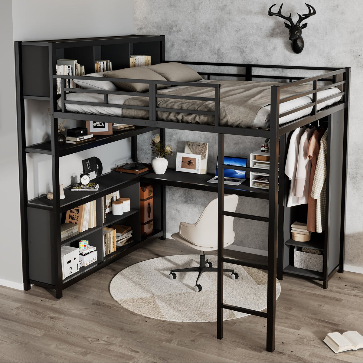 Iron Loft Bed, Double Storage, Desk & Wardrobe, Black 140x200cm