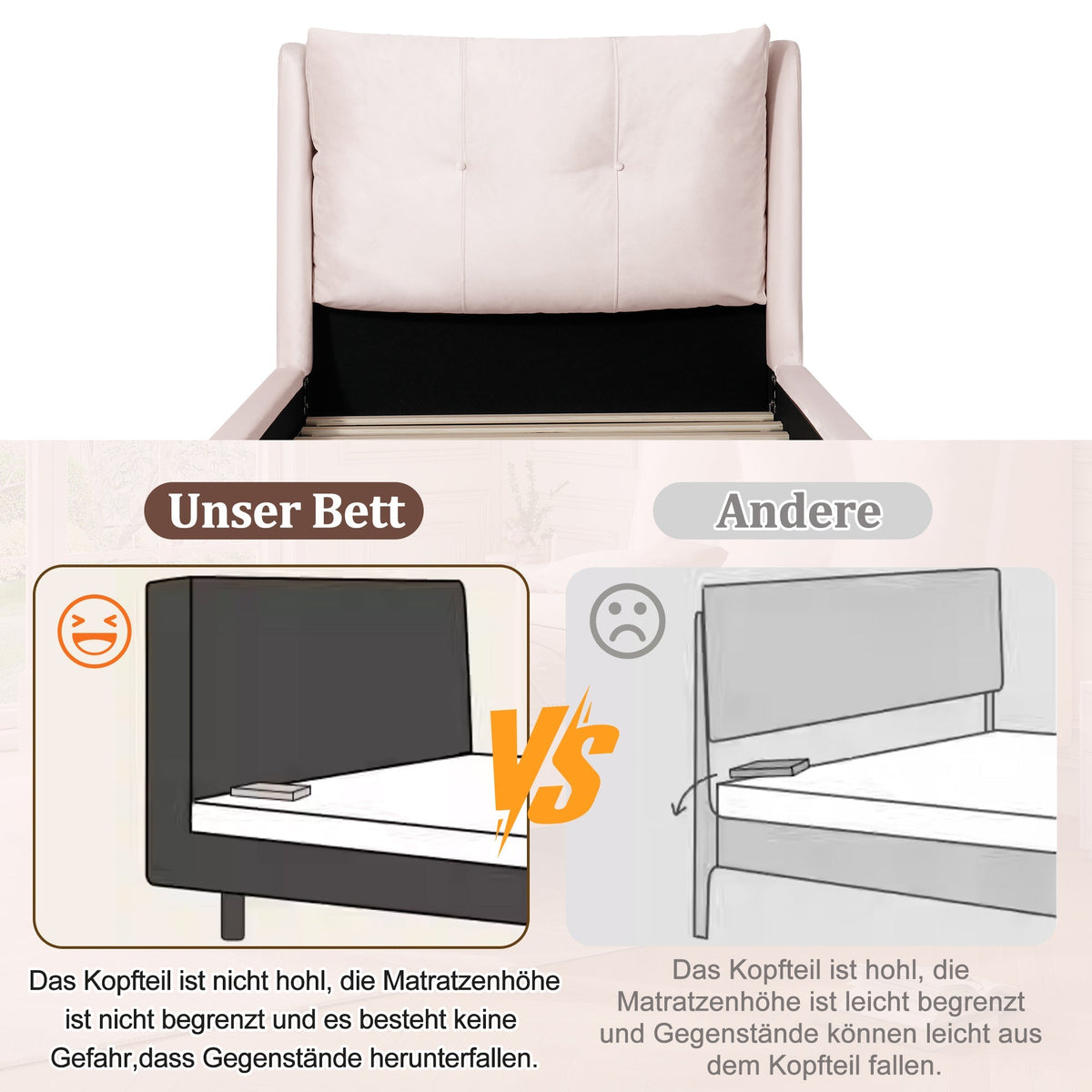 Upholstered Single Bed with Slatted Base and Headboard, 90 x 200cm, Pink Velvet