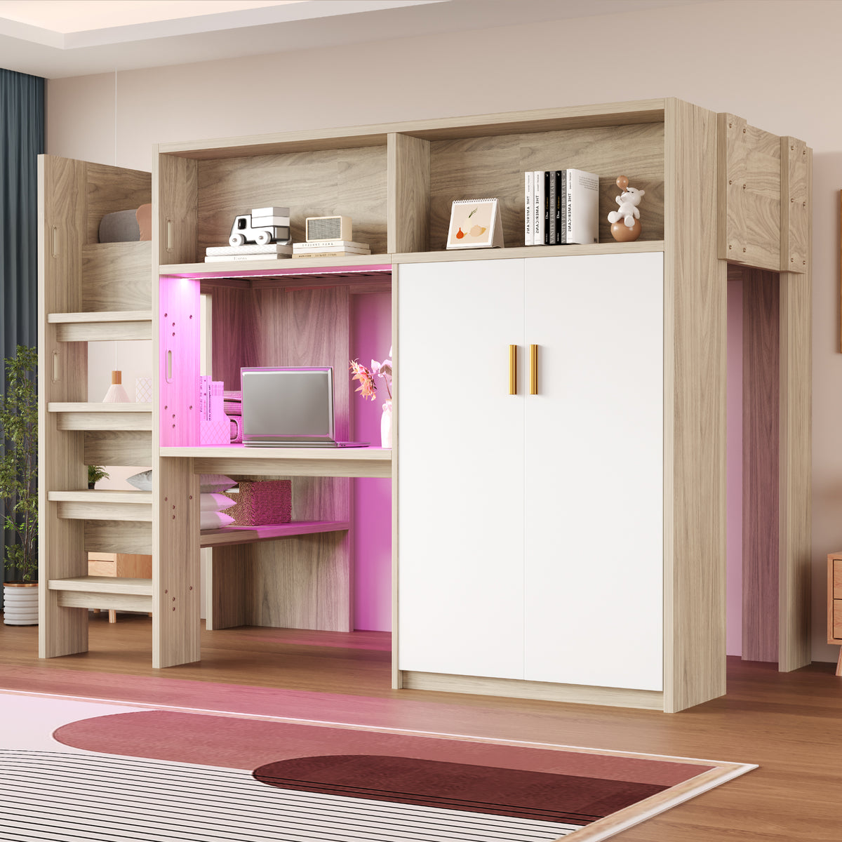 Multifunctional Loft Bed 90x200 with Desk, Wardrobe & Storage, Wood
