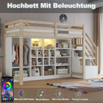 Loft Bed with Wardrobe, Storage Cabinets, LED and Side Ladder, 90x200cm, Wood Color