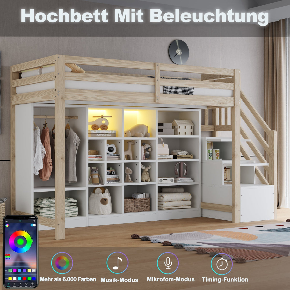 Loft Bed with Wardrobe, Storage Cabinets, LED and Side Ladder, 90x200cm, Wood Color