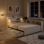 Double Bed Panel Headboard Storage Lights USB Cabinets Drawers Pine+Chipboard+MDF, White, 140x200cm