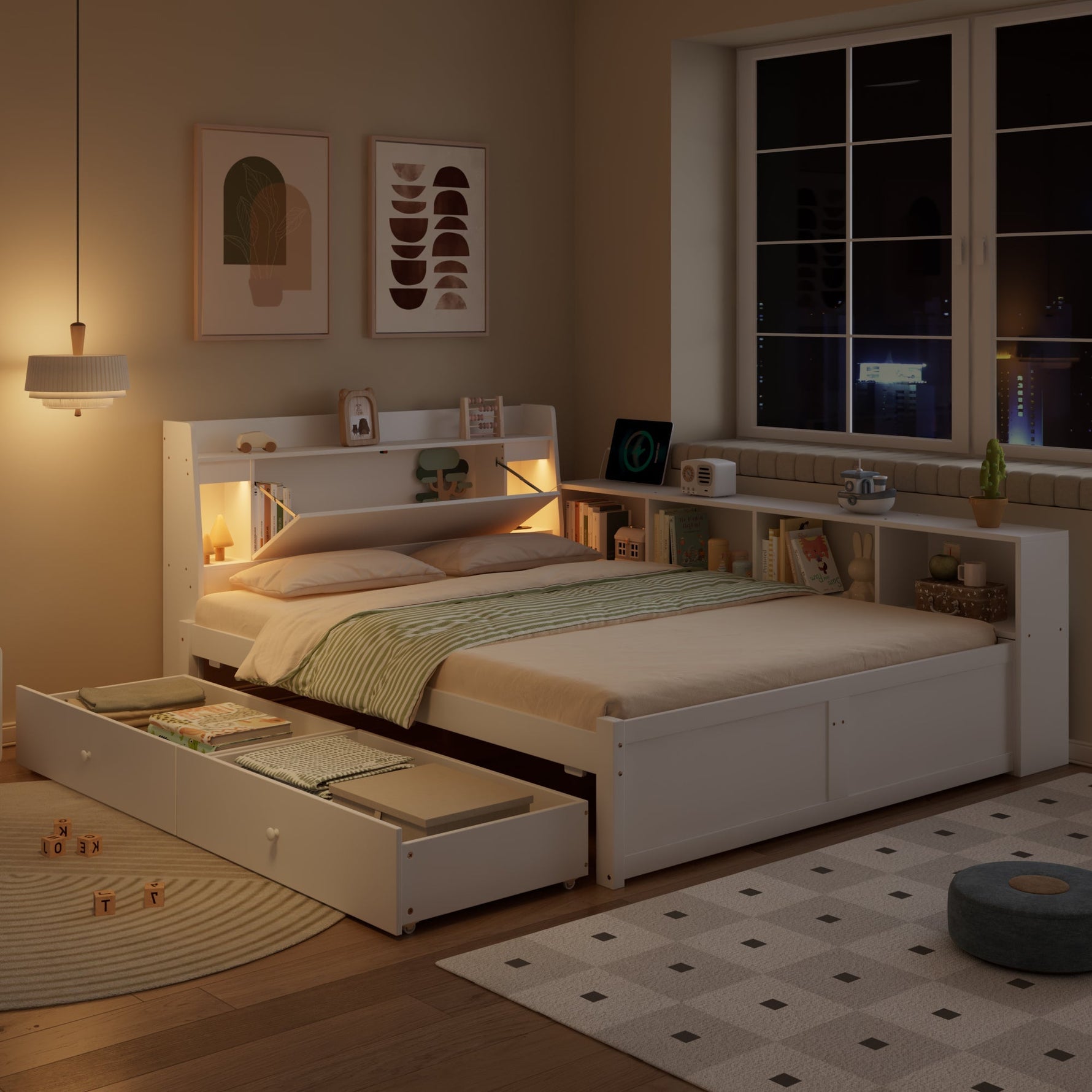 Double Bed Panel Headboard Storage Lights USB Cabinets Drawers Pine+Chipboard+MDF, White, 140x200cm