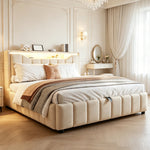 Upholstered Storage Bed 140x200 cm with LED & USB, Beige Linen
