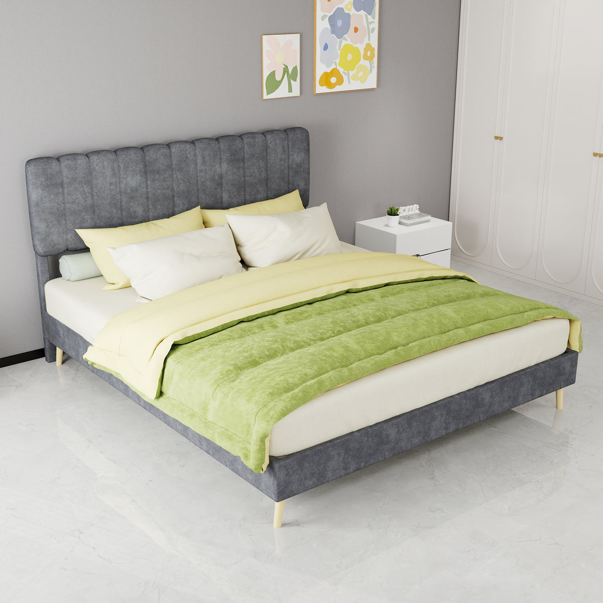 Upholstered Bed 160x200cm with Mattress & Headboard, Grey