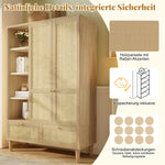 Wardrobe with 2 Doors, Rattan Weave, Shelves, Clothes Rail and 2 Drawers, Oak Look