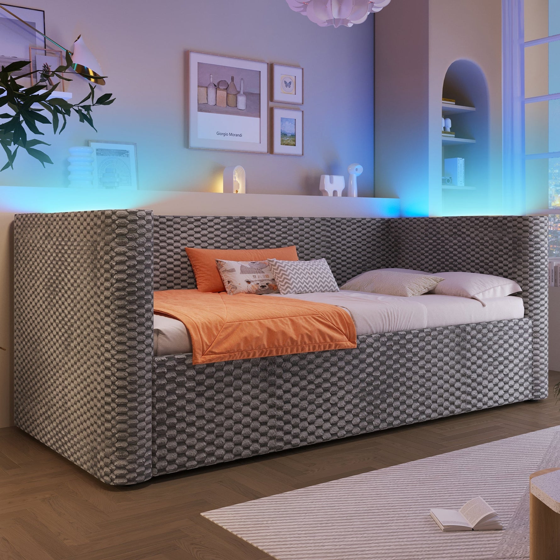 Daybed Sofa Bed 90x200cm LED Light Hydraulic Storage Velvet Grey
