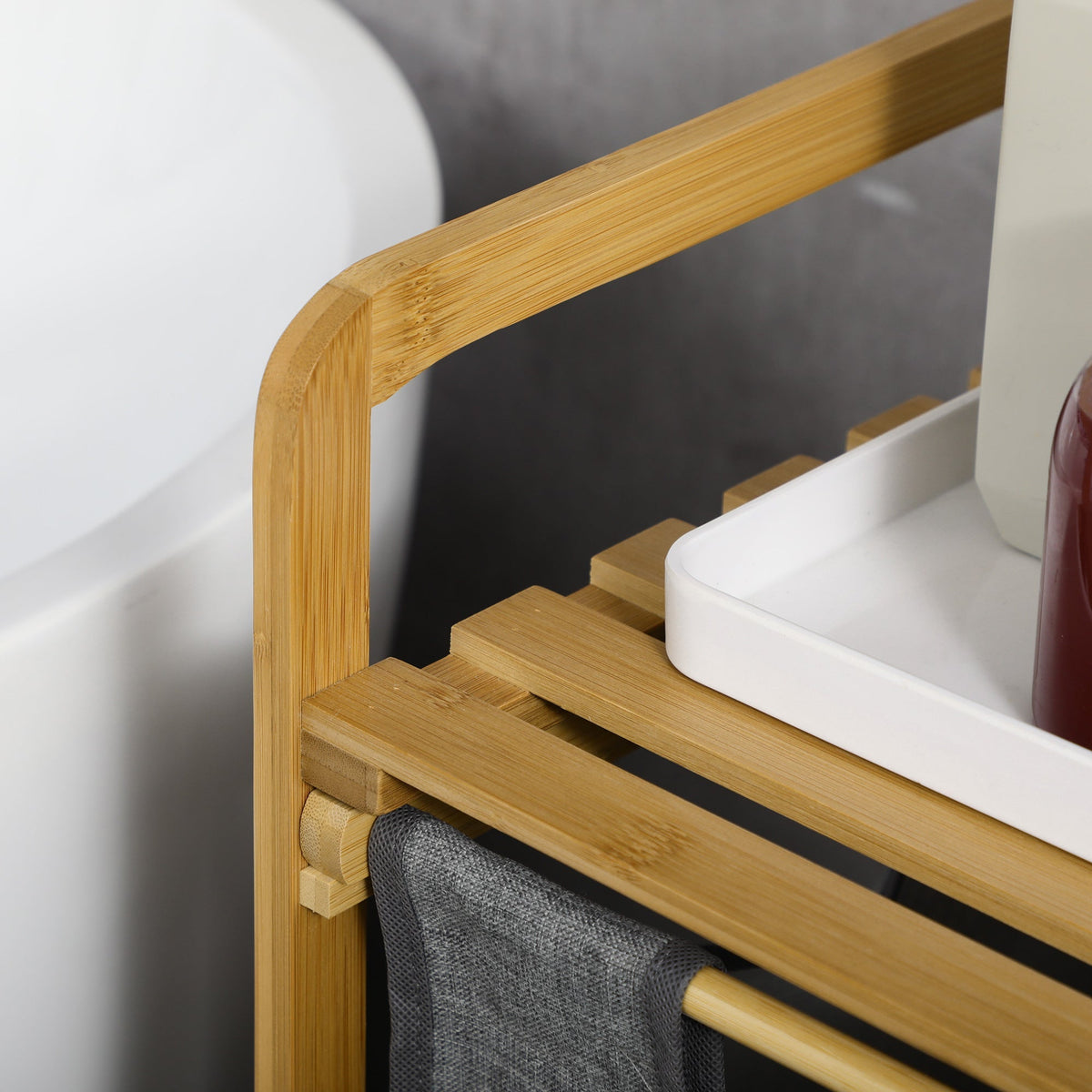 Laundry Basket with Platform, 2 Bags, Bamboo Grey+Natural