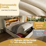 Upholstered Bed 90x200cm with Hydraulic Storage & LED, Beige Linen