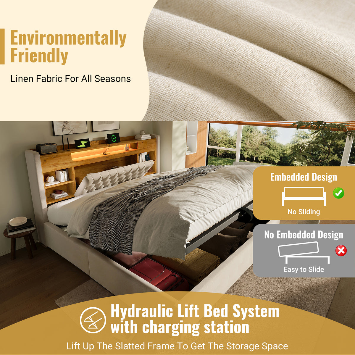 Upholstered Bed 90x200cm with Hydraulic Storage & LED, Beige Linen