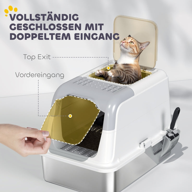 Cat Litter Box with Lid, Litter Scoop, Stainless Steel