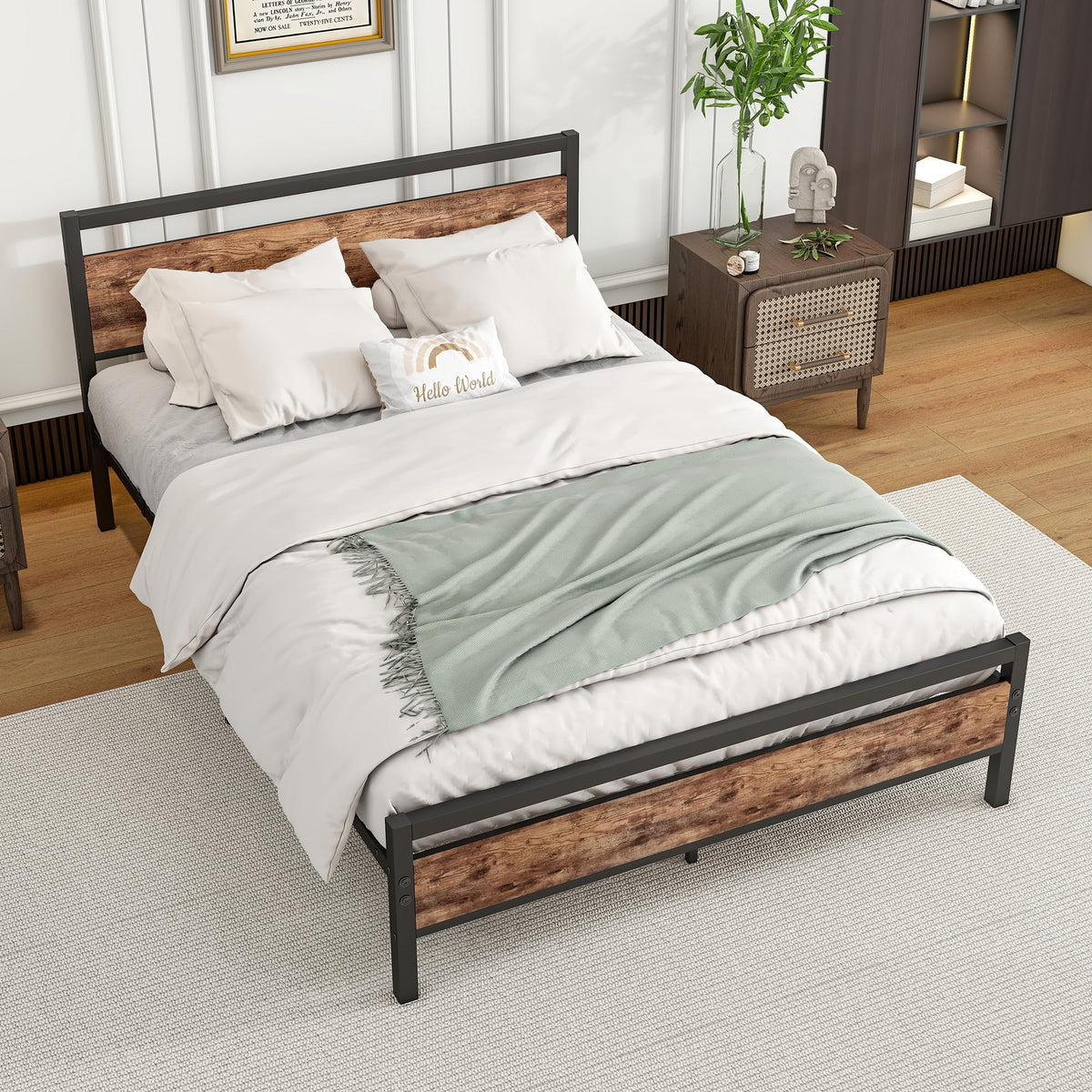 Bed Frame 140x200 cm with Slatted Base & Storage, Metal & Wood