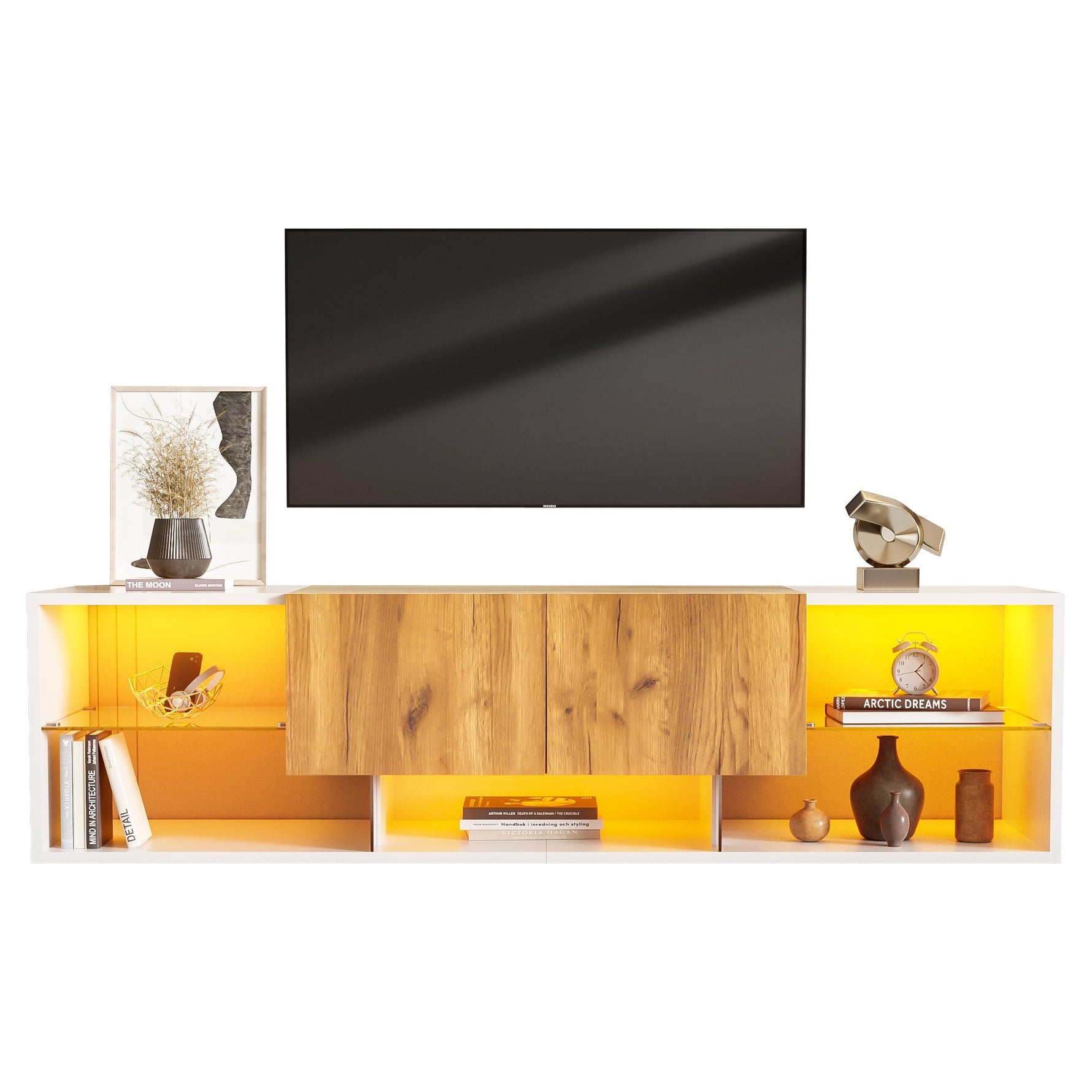 TV Console Cabinet 3-Tier Entertainment Center Glass Shelf 2 Drawers, White