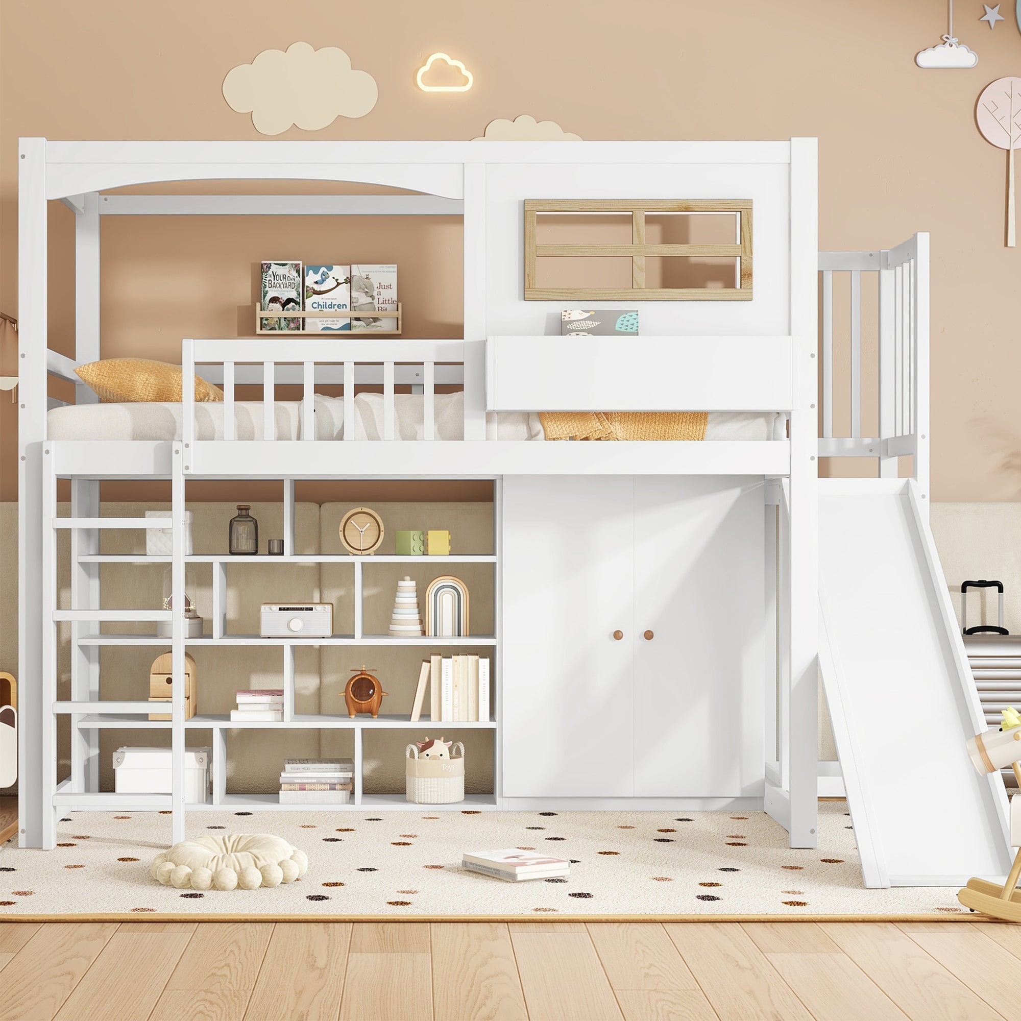 Bunk Bed Children's Slide Wardrobe Storage 90x200cm, Pine/White