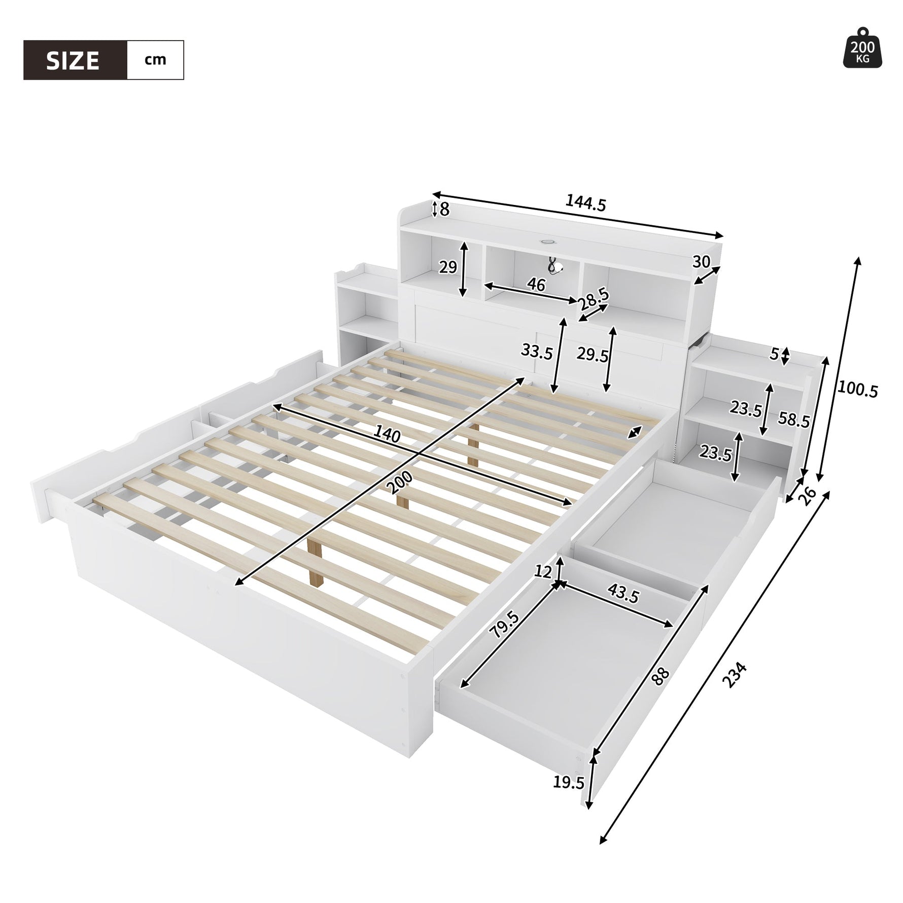 Wooden Double Bed 140x200cm with Integrated Charging, Storage Drawers and Pull-out Bedside Tables, White Wood